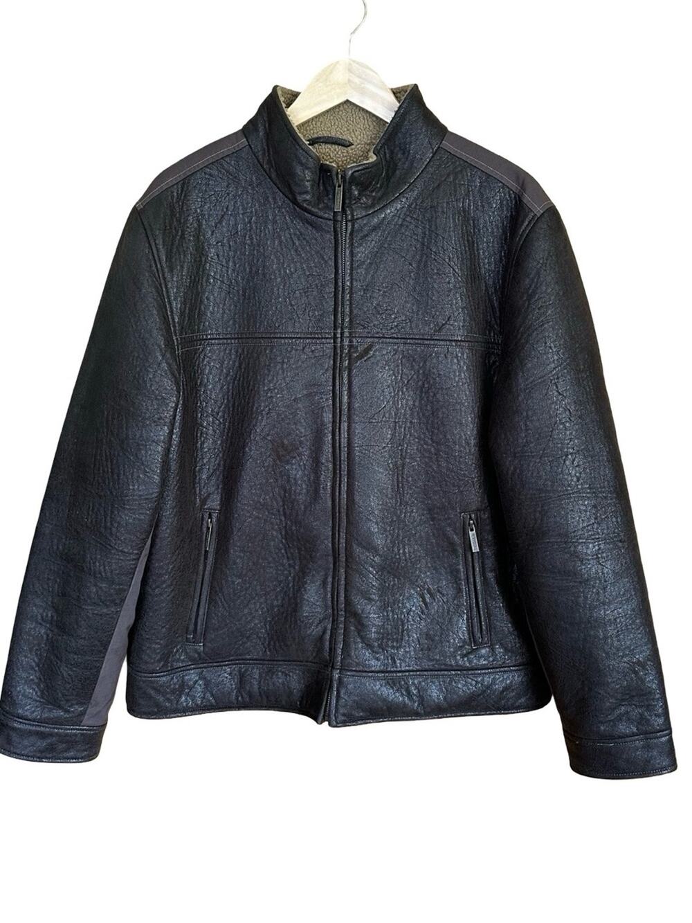 Calvin Klein EUC Faux Leather Sherpa-Lined Brown Bomber Jacket M